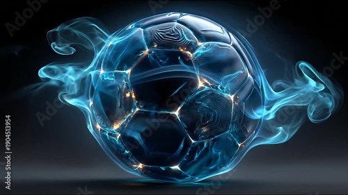 Abstract soccer ball with blue energy and glowing details on black background