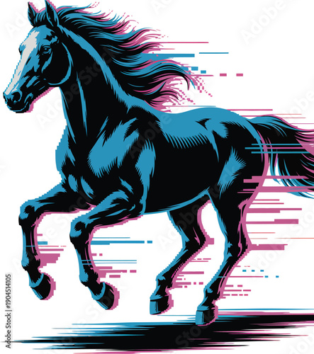 Glitch Style Running Horse Vector Illustration: Cyberpunk Blue Stallion Mascot.