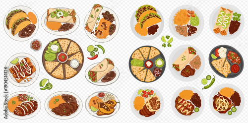 A collection of various delicious Mexican food dishes including tacos, burritos, enchiladas, and quesadillas, served with traditional sides.