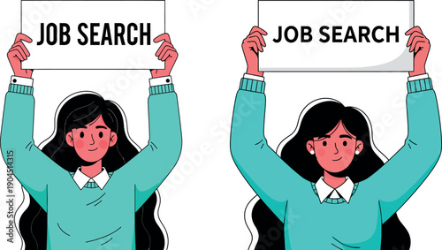 Two women holding signs announcing job search.
