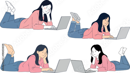 Young woman using laptop while lying down.