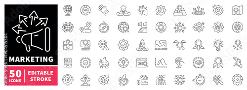 Marketing editable line icons set. Linear seo and promotion symbols