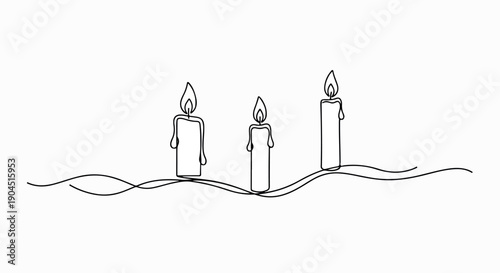 Minimalist line drawing of three lit candles with wavy lines underneath on a white background.