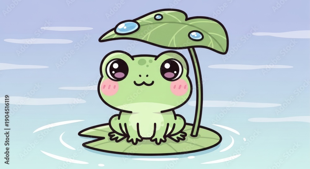 Obraz premium A cute cartoon frog sitting under a leaf umbrella on a lily pad in water with a blue background