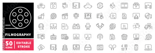 Film and media editable line icons set: linear style for video and cinema