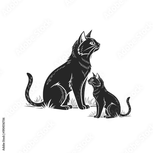 Cat Mother and Kitten Silhouette Engraving Style Animal Line Art Illustration. Ai generated