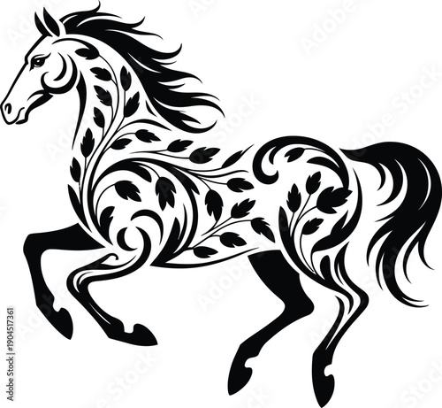 Decorative Floral Horse Silhouette: Ornamental Tattoo Style Vector.