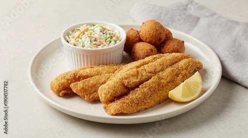 Classic American Fried Catfish with Hush Puppies and Coleslaw, Southern Comfort Meal