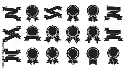 A set of black and white ribbons and badges in various shapes and designs, perfect for awards and recognition