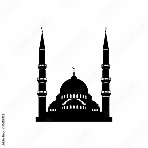 Silhouette of a mosque with two minarets and a central dome.