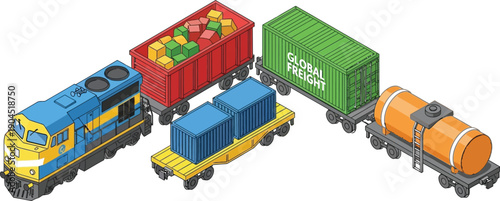 Isometric train with freight cars for global logistics and transportation
