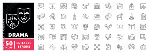 Drama editable line icons set: theater, acting, performance symbols