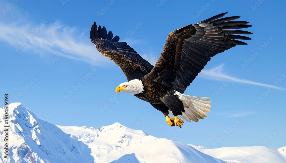 Obraz premium A majestic bird soars high, with dark wings against a bright blue sky. Mountains appear in the backdrop
