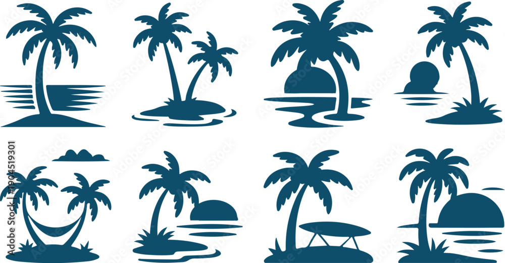 Fototapeta premium Tropical Tree Island Vector Set