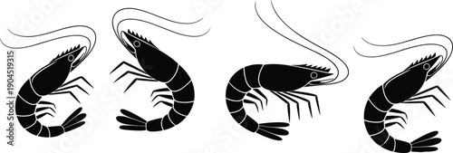 Shrimp silhouette collection with different curved seafood shapes isolated on white background for marine food menu design and packaging