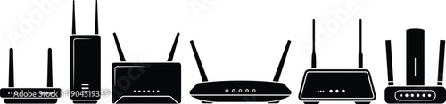 WiFi router and wireless modem silhouette collection isolated on white background for internet network technology communication equipment design and setup