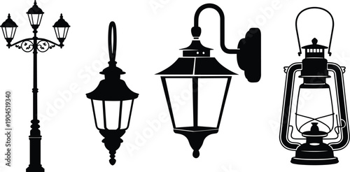 Vintage street lamp and lantern silhouette collection isolated on white background for outdoor lighting decoration design and retro illustration use
