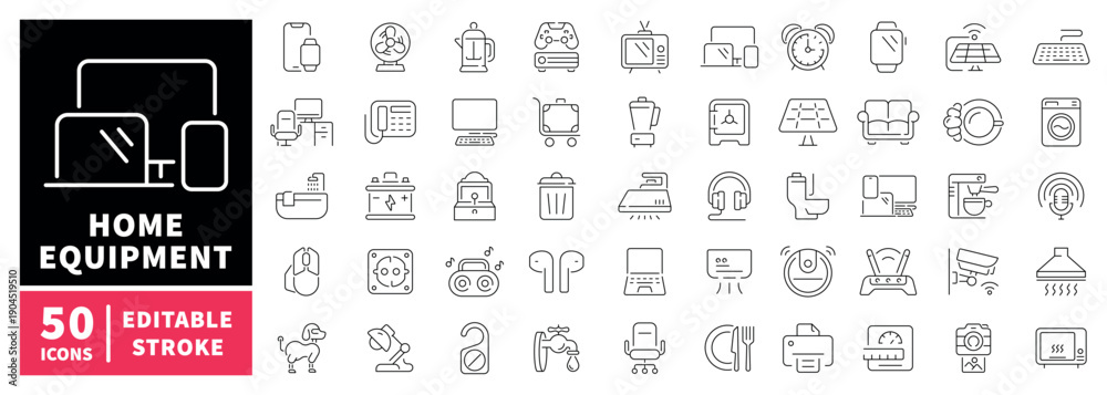 Fototapeta premium Home equipment editable line icons set. appliances and gadgets style