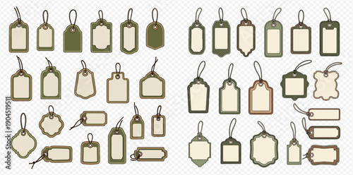 Collection of vintage blank tags and labels with string, various shapes and designs, isolated on white background.