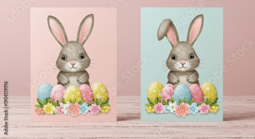 Adorable Gray Bunny with Pastel Easter Eggs and Flowers