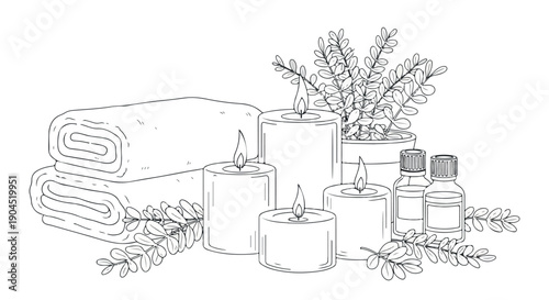 Line drawing of candles, towels, and bottles with plants on a white background, conveying a relaxing spa setup.