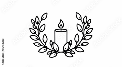 Minimalist line drawing of a lit candle surrounded by laurel leaves on a white background with a simple, elegant design.