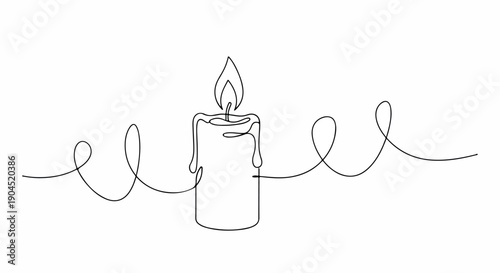 Minimalist line drawing of a lit candle with melting wax and flowing lines on a white background.