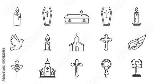 Line drawing of various religious symbols and icons on a white background.