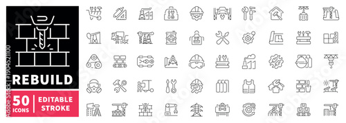 Construction editable line icons set. building and engineering tools