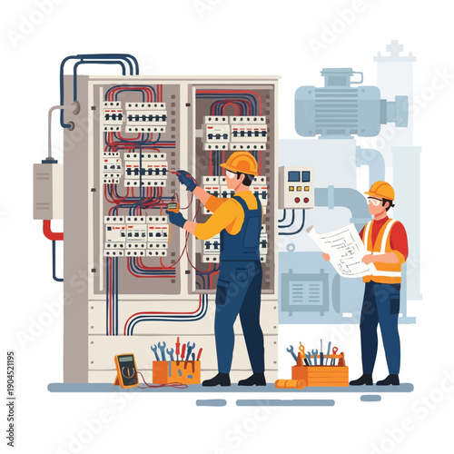 Professional Electricians Working on Industrial Electrical Control Panel Maintenance and Wiring Repair