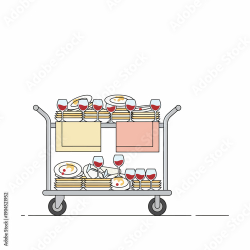 banquet hall service cart filled with used plates and wine glasses after event, flat vector illustration