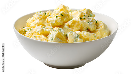 Creamy potato salad bowl with fresh green chives topping on isolated background perfect for picnic barbecue side dish classic homemade recipe traditional summer party food potato salad gourmet