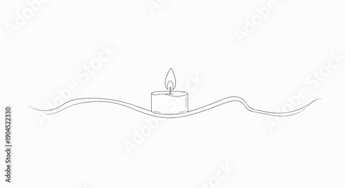 Minimalist line drawing of a candle with a flame on wavy lines against a white background.