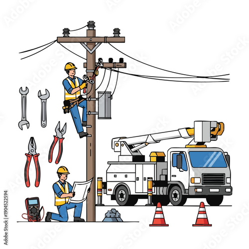 Linemen Repairing Power Lines on Utility Pole with Boom Truck and Safety Gear. Electrical Maintenance and Infrastructure Service Vector Illustration.