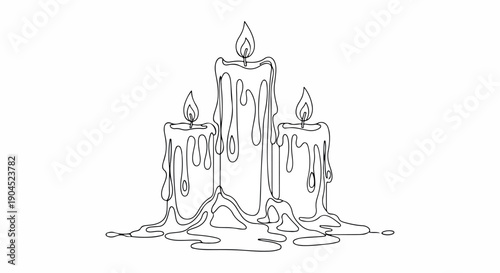 Line drawing of three melting candles with flames on a plain white background.