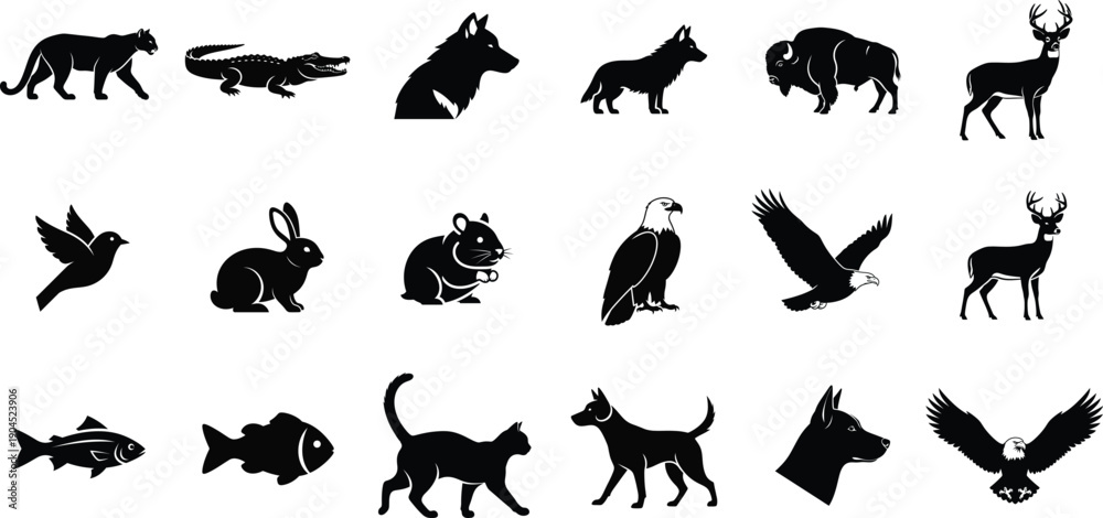 Fototapeta premium Collection of animal silhouettes featuring various species