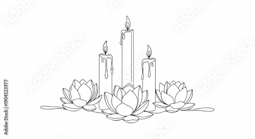 Line drawing of lotus flowers with lit candles on a white background in a peaceful and serene mood.