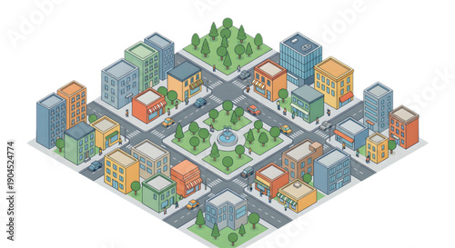 Isometric urban landscape with modern buildings, lush parks, busy streets, moving cars, and walking people