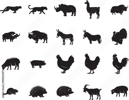 Collection of diverse animal silhouettes featuring mammals and birds