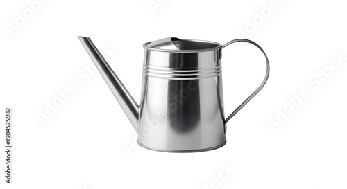 Polished Metal Watering Can with Long Spout and Handle, Isolated on White Background, Garden Tool