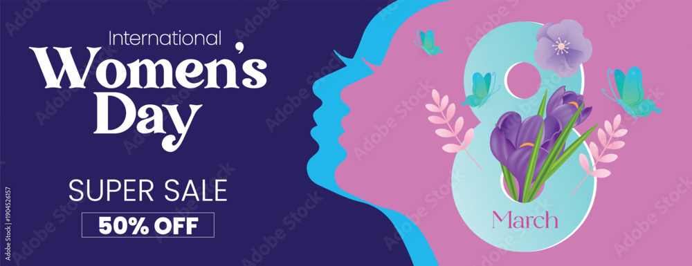 Fototapeta premium 8 March International Women’s Day Social Media Cover Banner with Floral Background Women Silhouette Vector Illustration Template for Website Header Promotional Advertising Design