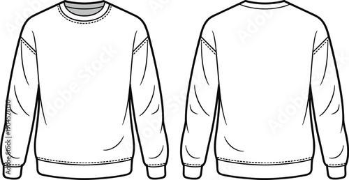 Front and back view crewneck sweatshirt technical fashion illustration, long sleeve casual apparel mockup, blank template for clothing design, print, branding, and manufacturing reference