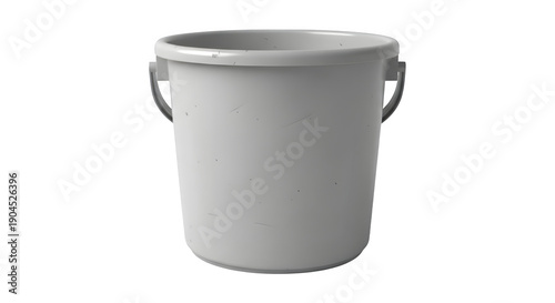 Gray Plastic Bucket with Handle, Slightly Scratched Texture, Isolated on White Background