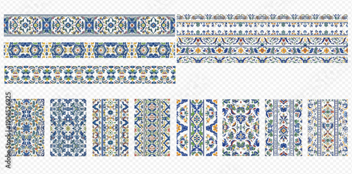 Set of seamless ornamental borders and patterns in blue, yellow, and green colors, inspired by traditional Moroccan and Islamic art.