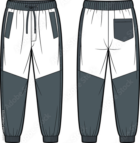 Modern jogger pants technical fashion illustration showing front and back views with elastic waistband, ankle cuffs, pocket details, sportswear design, flat vector apparel template