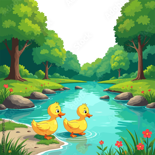 Peaceful forest river with ducks illustration, green woodland stream, cute waterfowl swimming, cartoon nature scene for children books, games and educational design