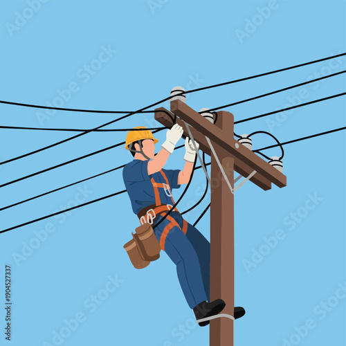 Utility Lineman Working on Power Pole Repair. Electrician in Safety Harness Maintaining Electrical Power Lines and Infrastructure. Vector Illustration on Blue Sky.