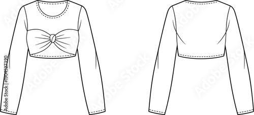 Technical flat sketch of a women's long sleeve crop top featuring a front twist knot detail and scoop neckline fashion CAD vector illustration.