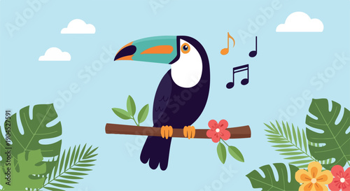 Illustration of a colorful toucan perched on a branch with tropical leaves and flowers against a light blue sky with musical notes.