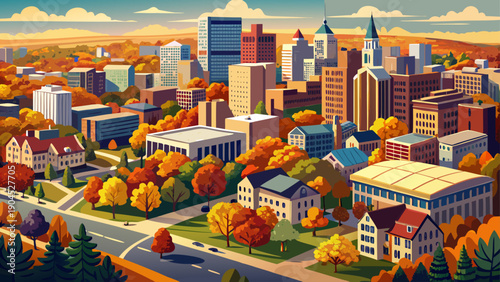 Very beautiful aerial view of downtown New Haven during fall, with warm sunlight highlighting city blocks shaped by Yale University’s long-standing academic influence.